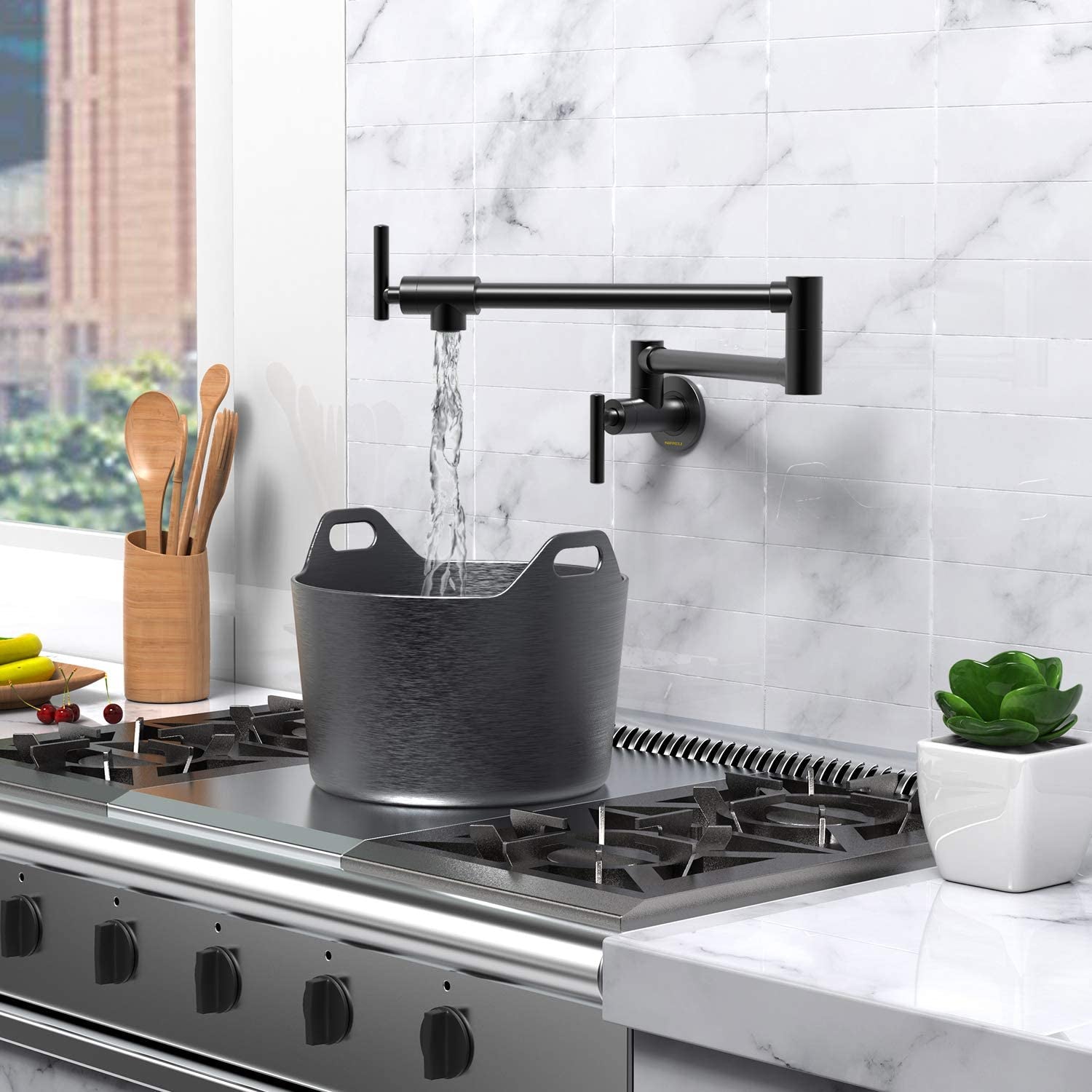 Pot Filler Faucet Wall Mount Matte Black Folding Stretchable Brass Kitchen Faucet with Single Hole Two Handles