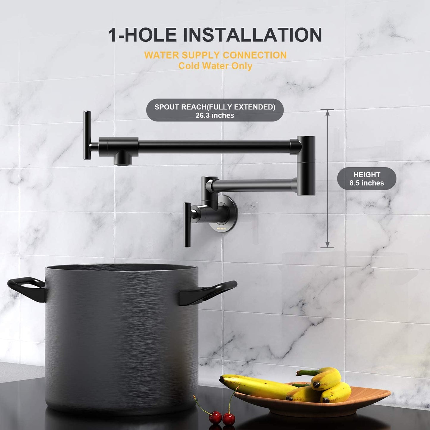 Pot Filler Faucet Wall Mount Matte Black Folding Stretchable Brass Kitchen Faucet with Single Hole Two Handles