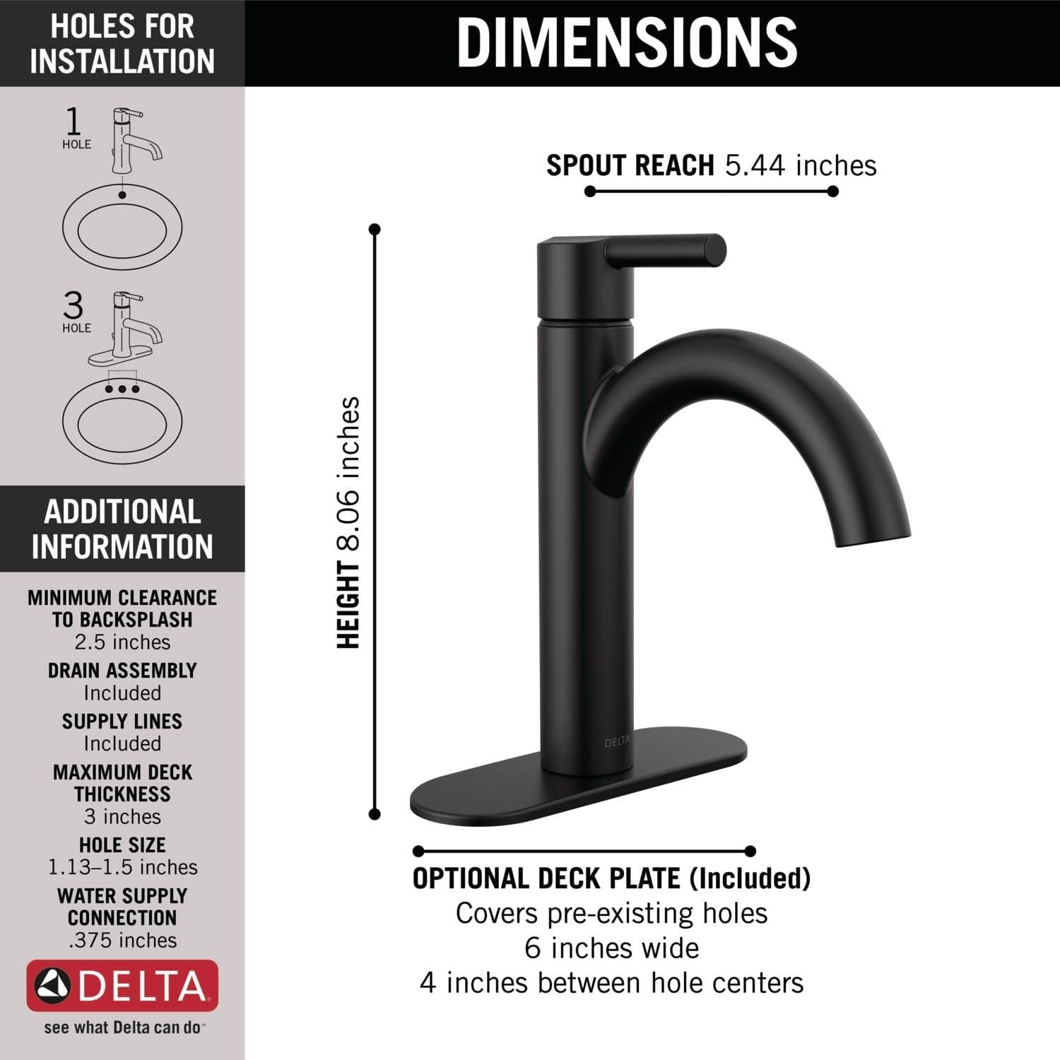 Nicoli Matte Black Bathroom Faucet, Single Hole Bathroom Sink Faucet, Single Handle Bathroom Faucet, Pop-Up Drain Assembly, Matte Black 15749LF-BL