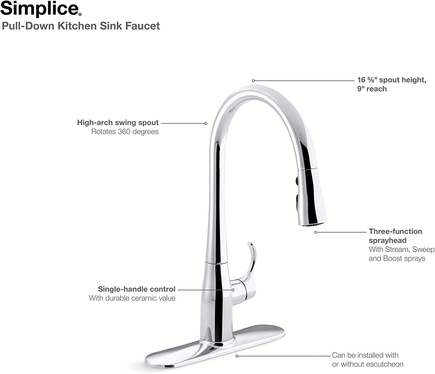 596-VS Simplice Pull down Kitchen Faucet, 3-Spray Faucet, Kitchen Sink Faucet with Pull down Sprayer, Vibrant Stainless, High Arch