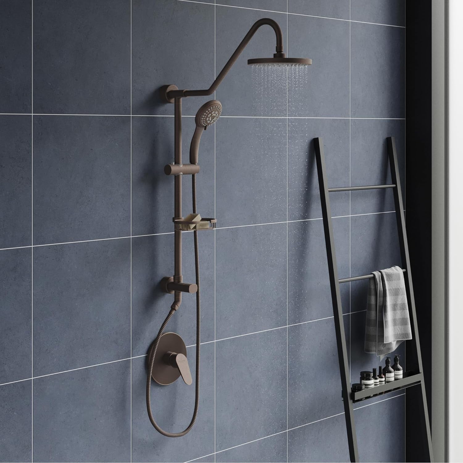 1011-Lll-Orb Kauai III Shower System, with 8" Rain Showerhead, 5-Function Hand Shower, Adjustable Slide Bar and Soap Dish, Oil-Rubbed Bronze